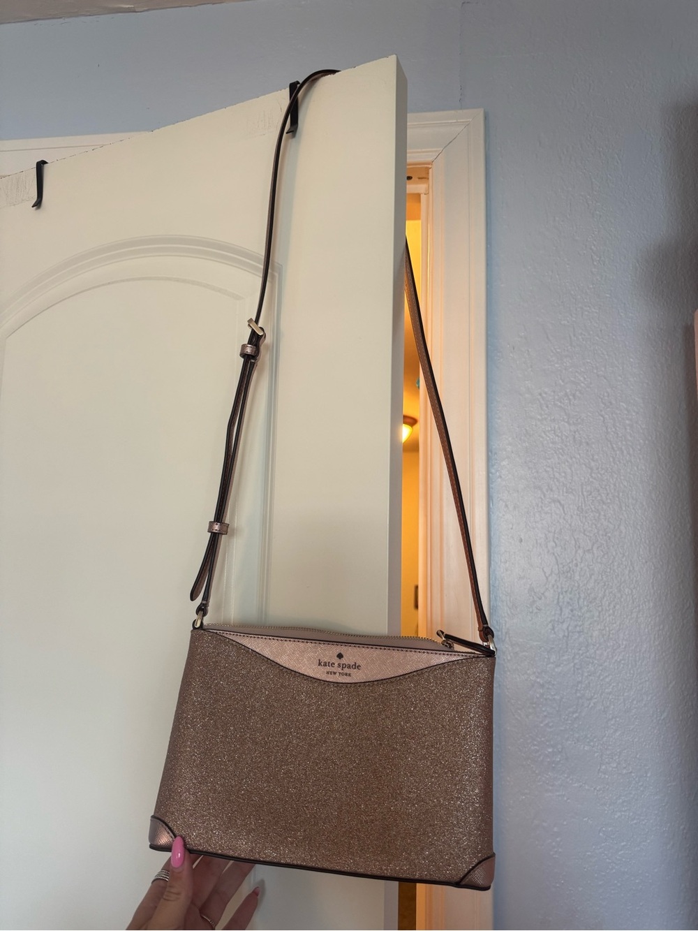 kate spade Rose Gold Glitter Crossbody Bag with Pink Strap Accents - Picture 1 of 5